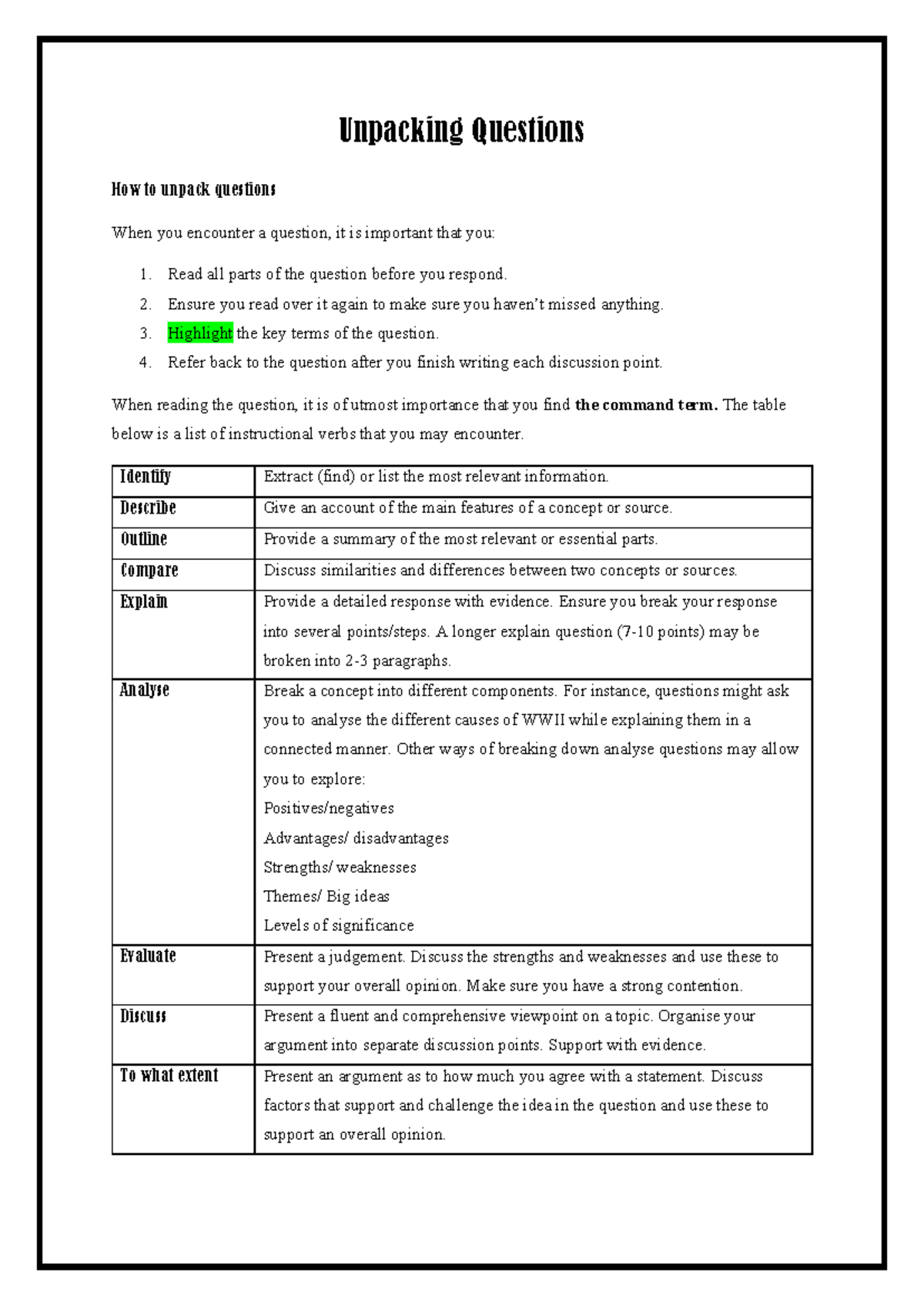 Unpacking Questions Guide: Strategies for Effective Responses - Studocu