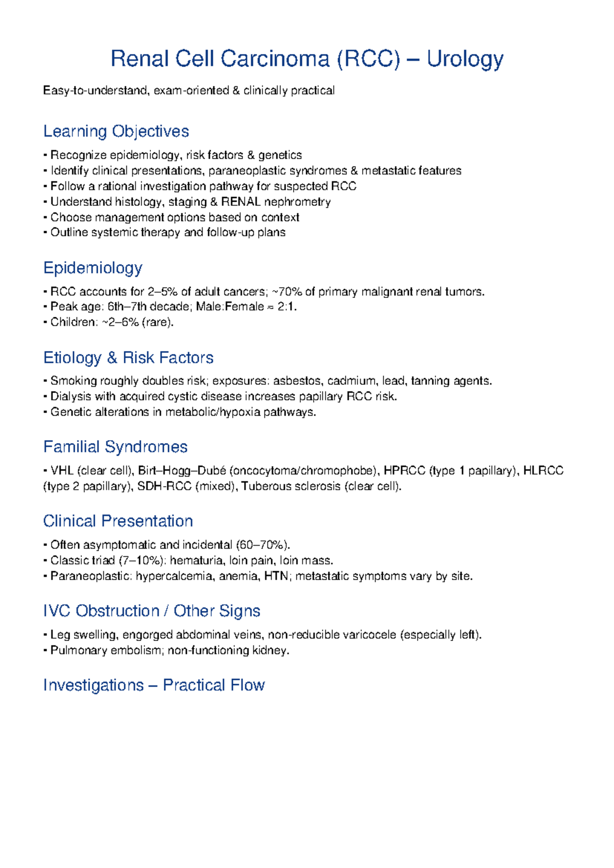 RCC Urology: Clinical Insights and Management Strategies - Studocu