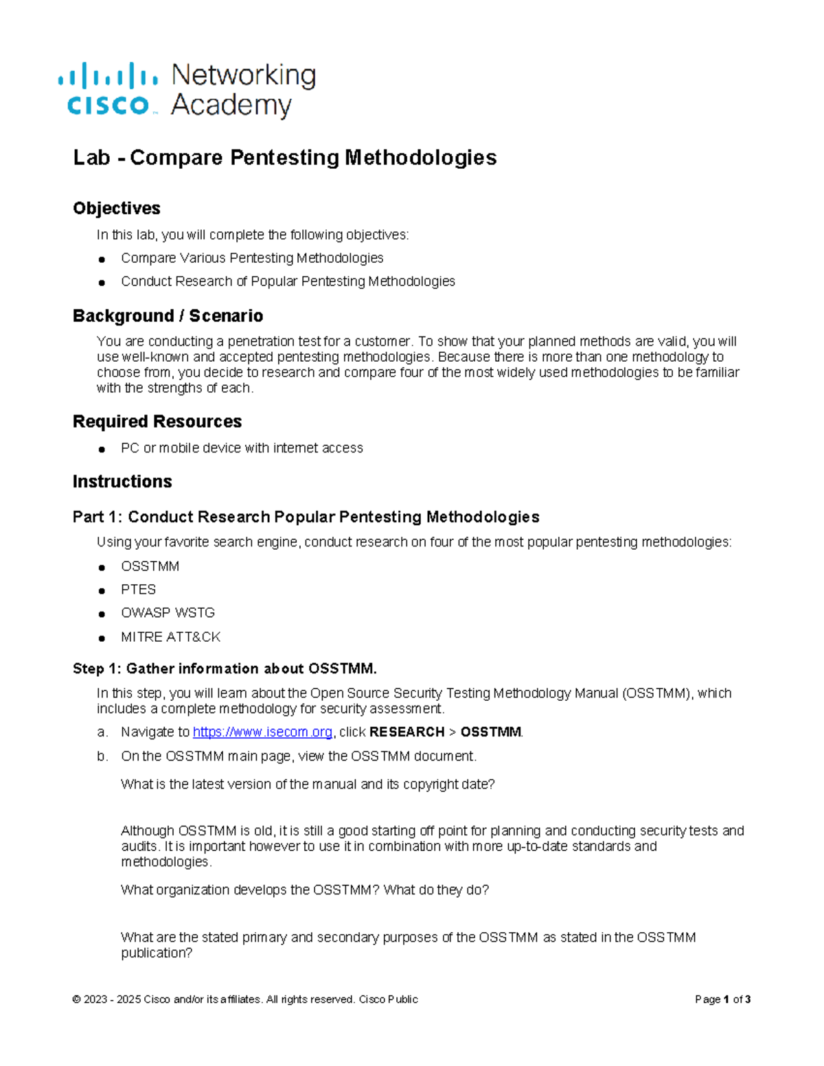 Lab 1.2.6: Comparing Popular Pentesting Methodologies - Studocu
