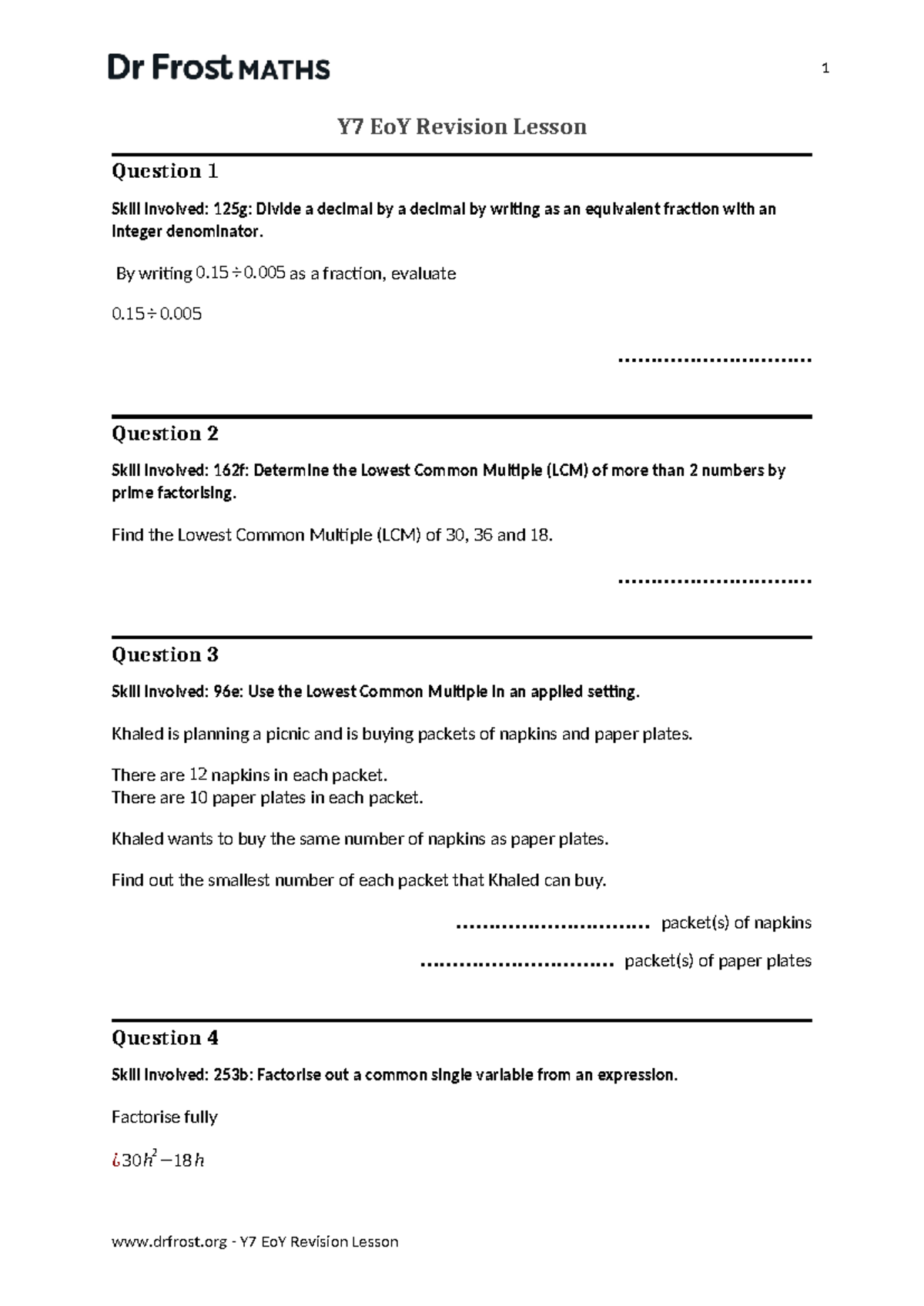 Y7 EoY Maths Revision: Key Skills and Practice Questions - Studocu