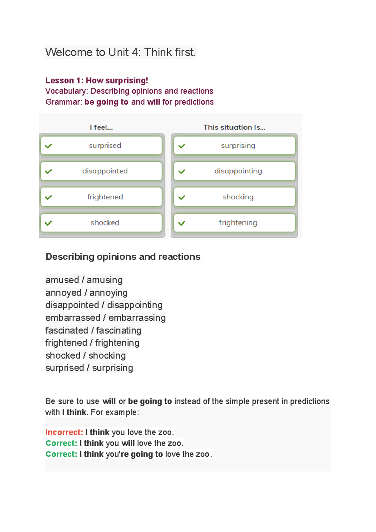 Unit 4: Think First - Vocabulary, Grammar, & Writing Skills Lessons - Document Preview