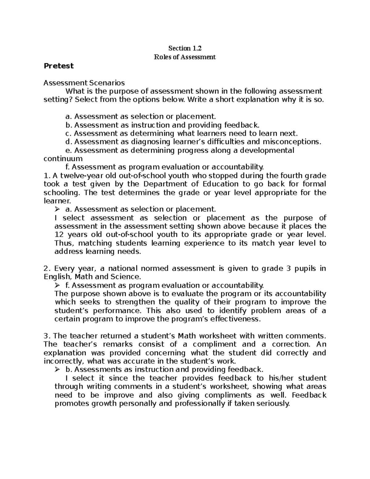 AL 1.2 - Understanding the Key Roles of Assessment in Education - Studocu