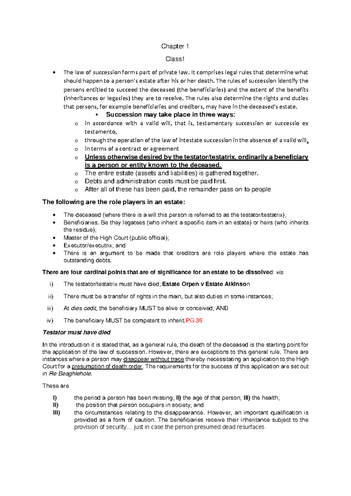 Law of Succession - Chapter 1 & 2 Notes (Class 1 & 2) - Studocu