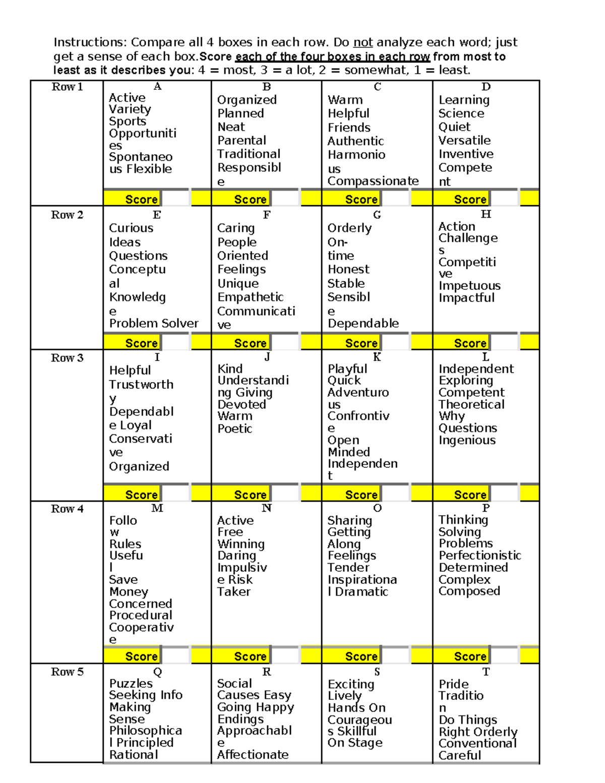 2a - True Colours Personality Test - Instructions: Compare all 4 boxes ...