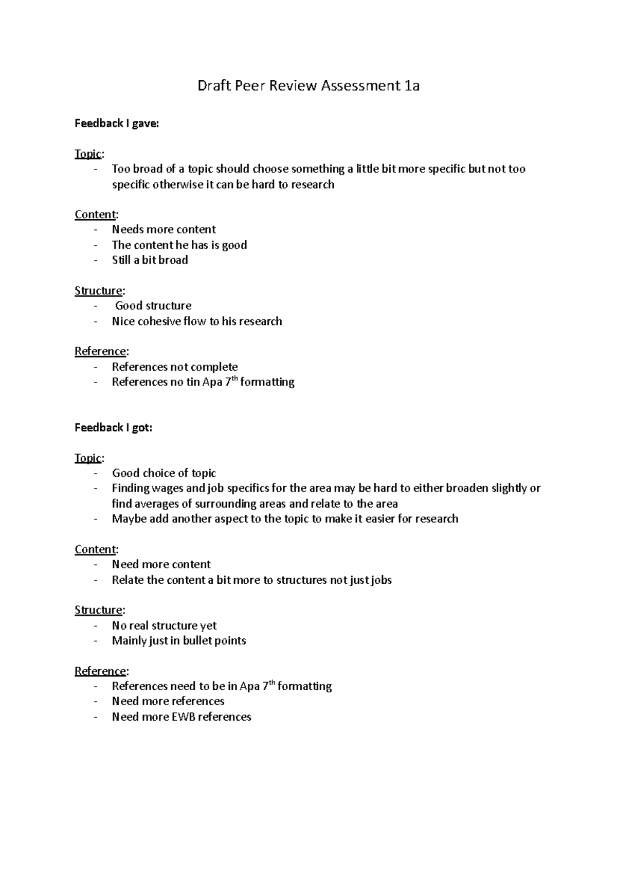 EWB Challenge Assessment 1a - Draft Peer Review Assessment 1a Feedback ...