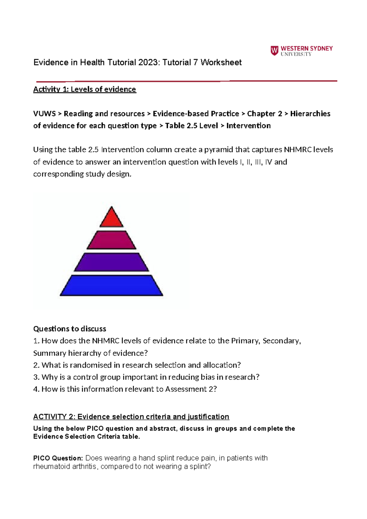 evidence in health worksheet - Evidence in Health Tutorial 2023 ...