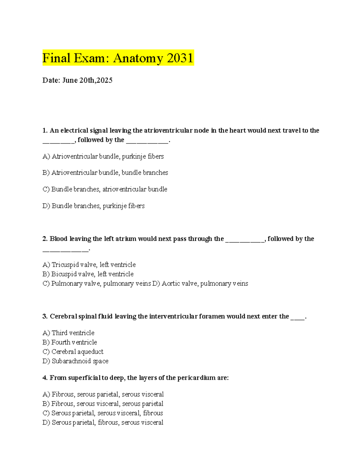 Final Exam: Anatomy 2031 - Summer Course Review Notes - Studocu