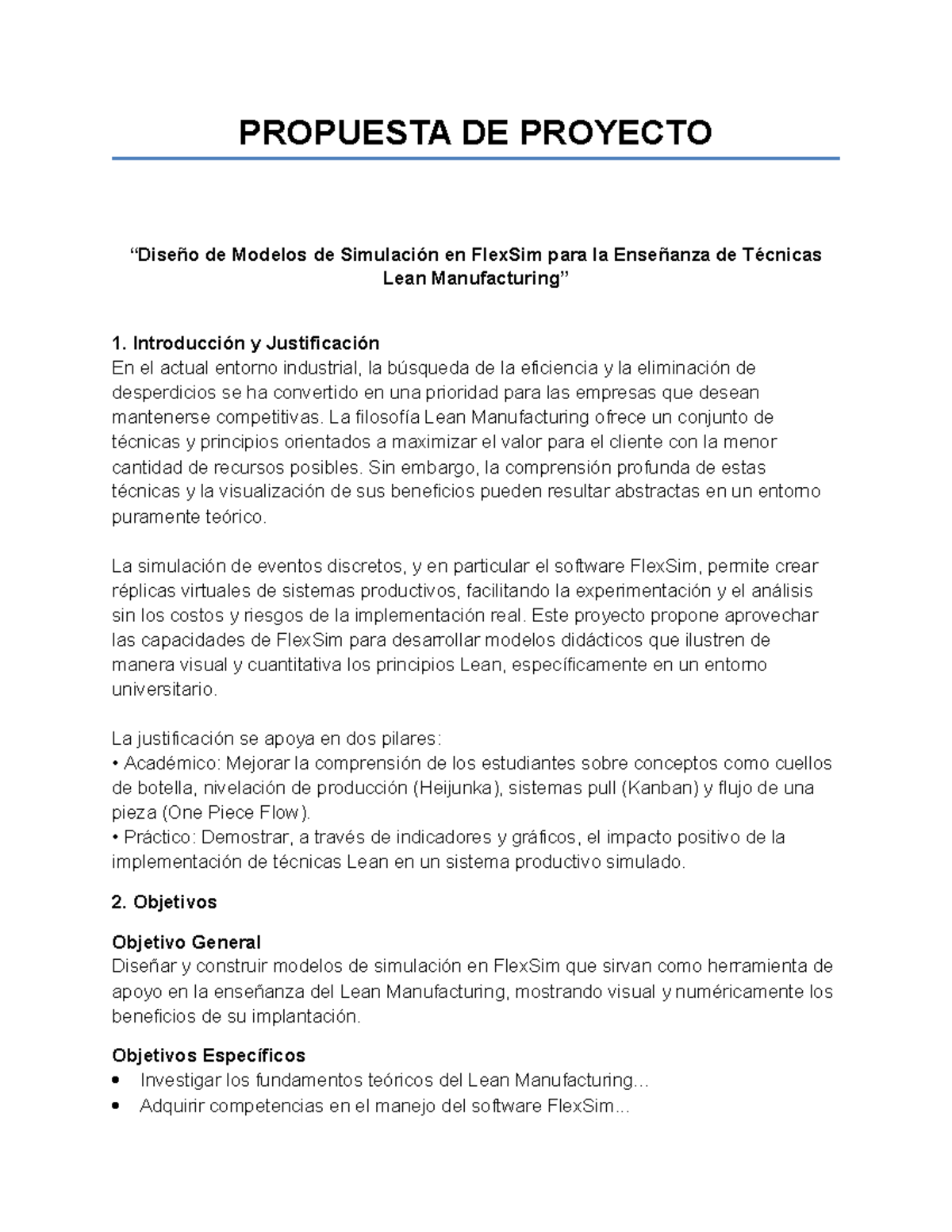 Propuesta de Proyecto FlexSim: Modelos de Simulación para Lean 1 - Studocu