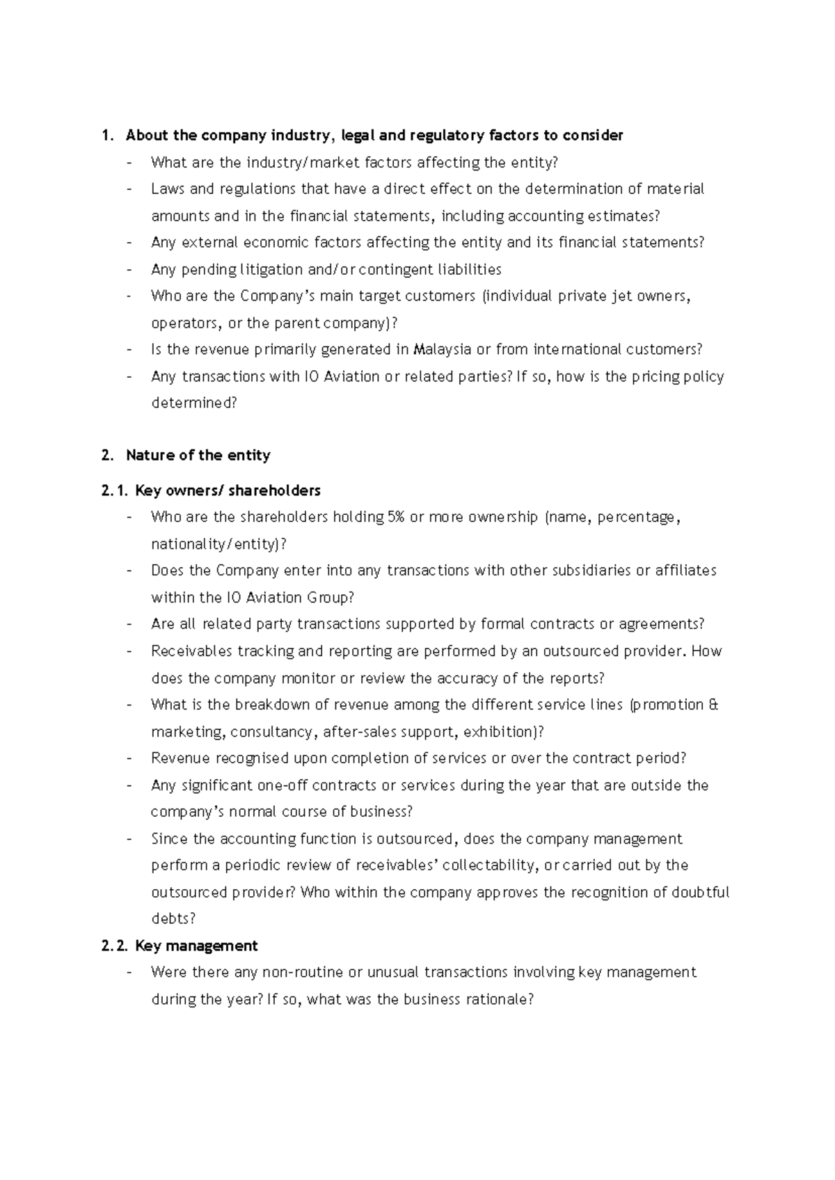 BDO Group 1 - Client Inquiry on Industry, Governance, and Financial ...