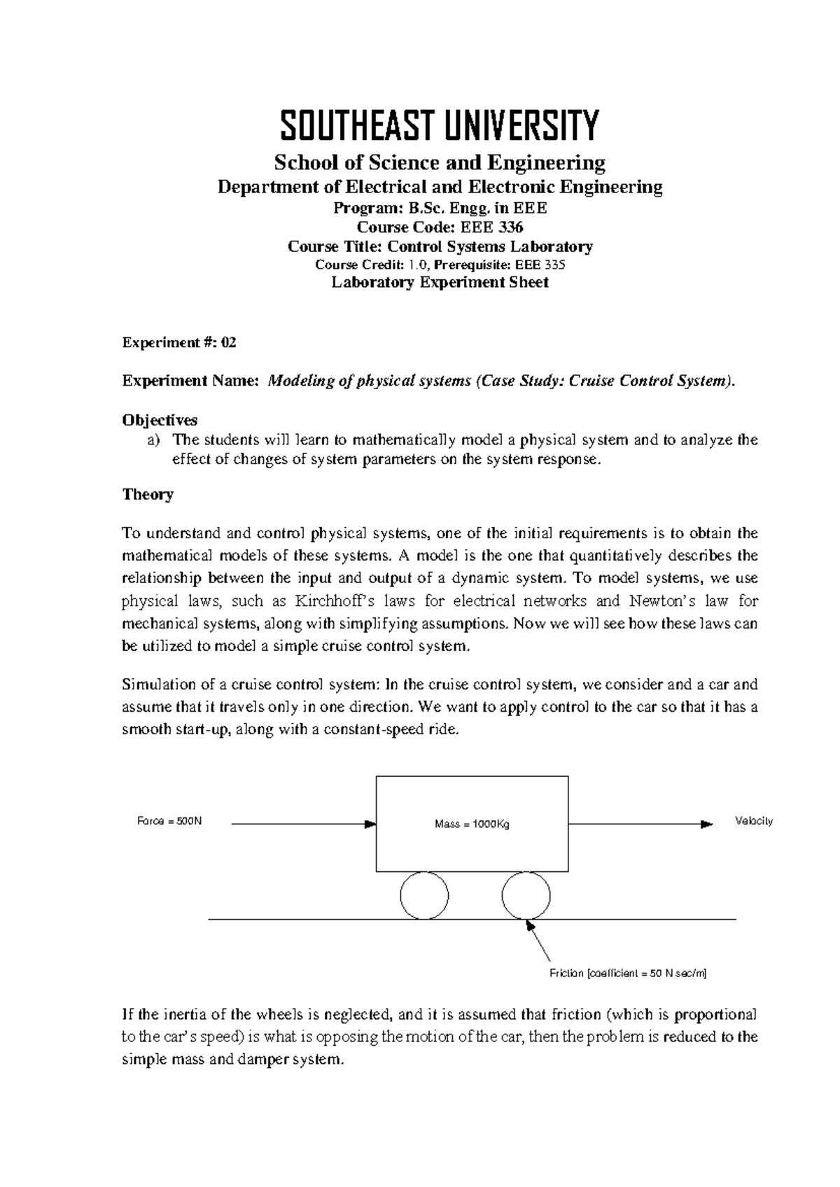 EEE336 Control Systems Lab: Modeling Cruise Control System - Studocu