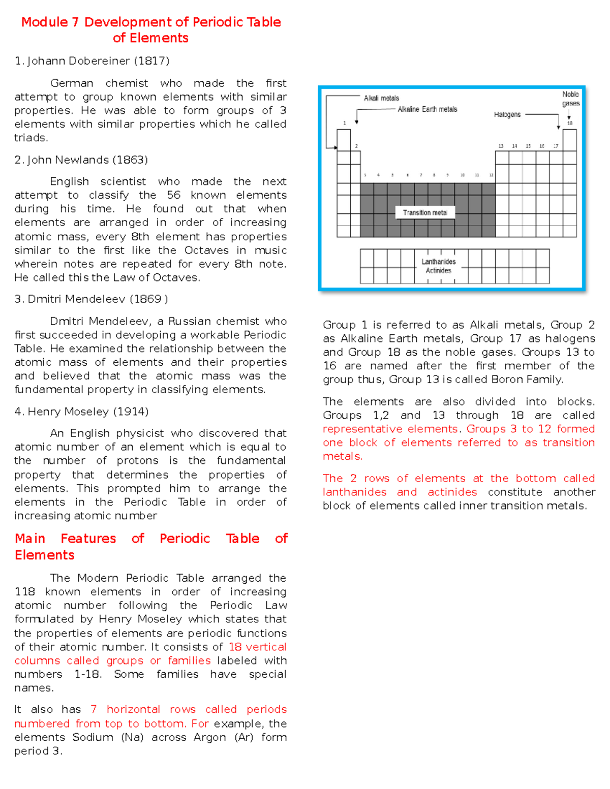 Module 7: Development of the Periodic Table of Elements - Studocu
