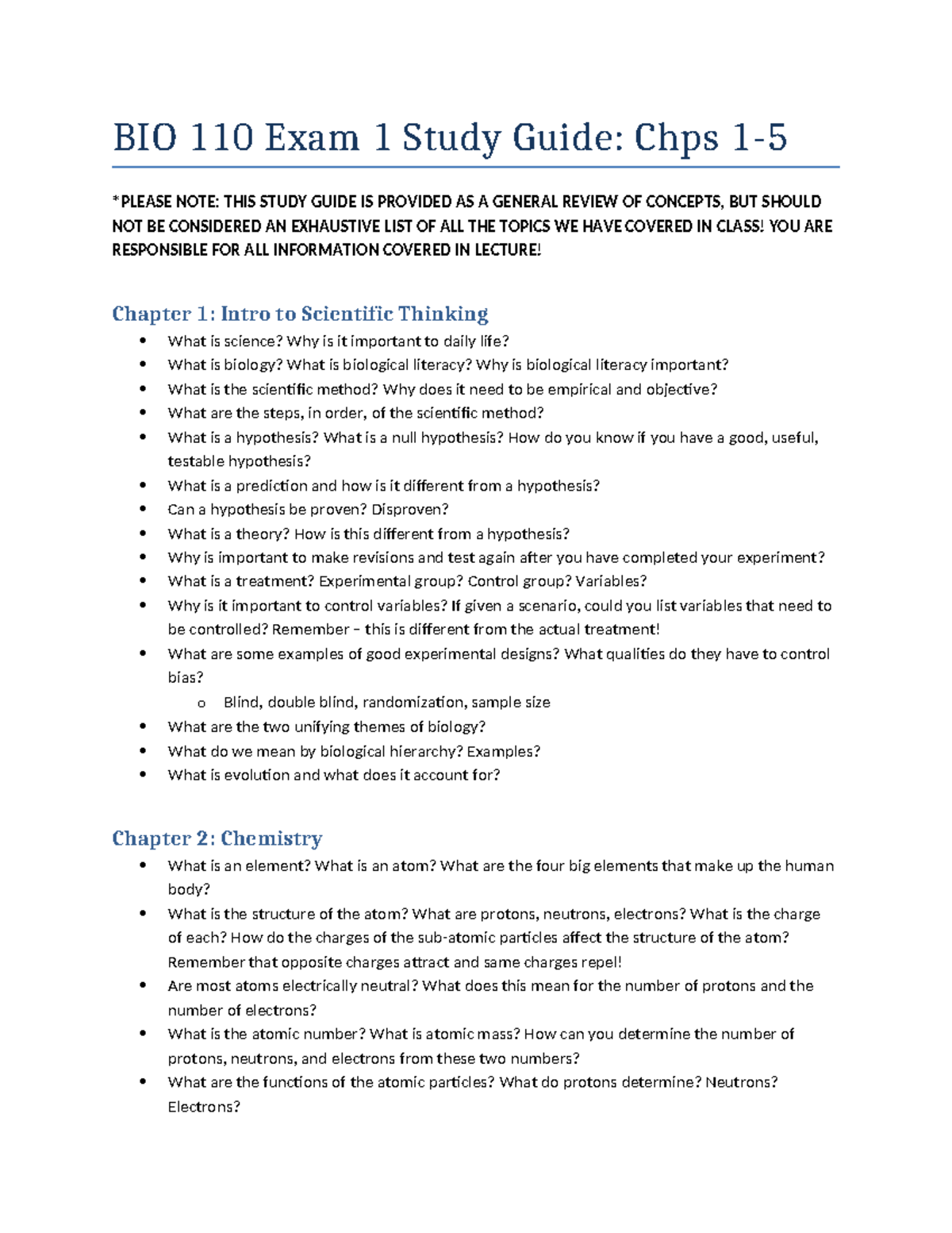 BIO 110 Exam 1 Study Guide: Key Concepts from Chapters 1-5 Overview ...