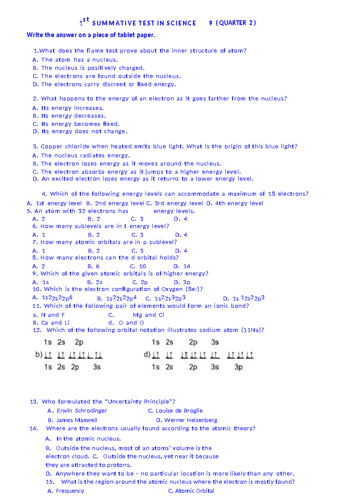 Science 9 1st Summative Test (Quarter 2) - Key Concepts and Questions ...