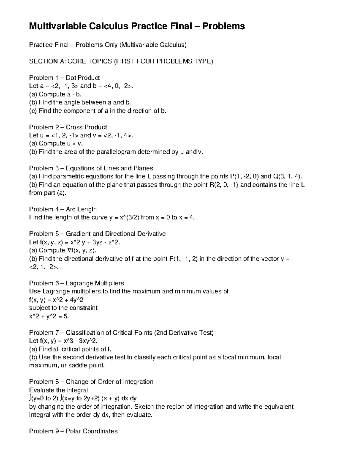 Multivariable Calculus MATH 301 Practice Final Problems - Studocu