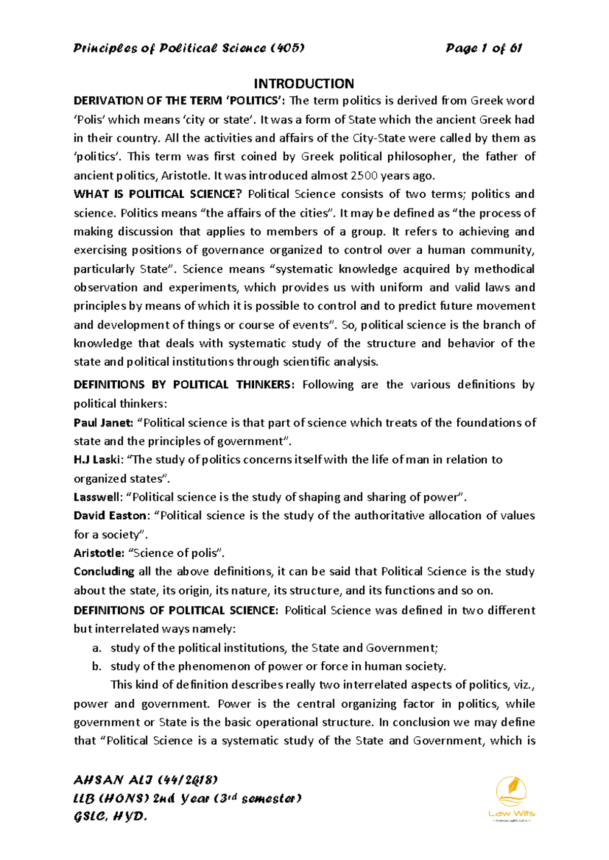 Principles of Political Science (405) - AHSAN ALI (44/2k18) LLB (HONS ...