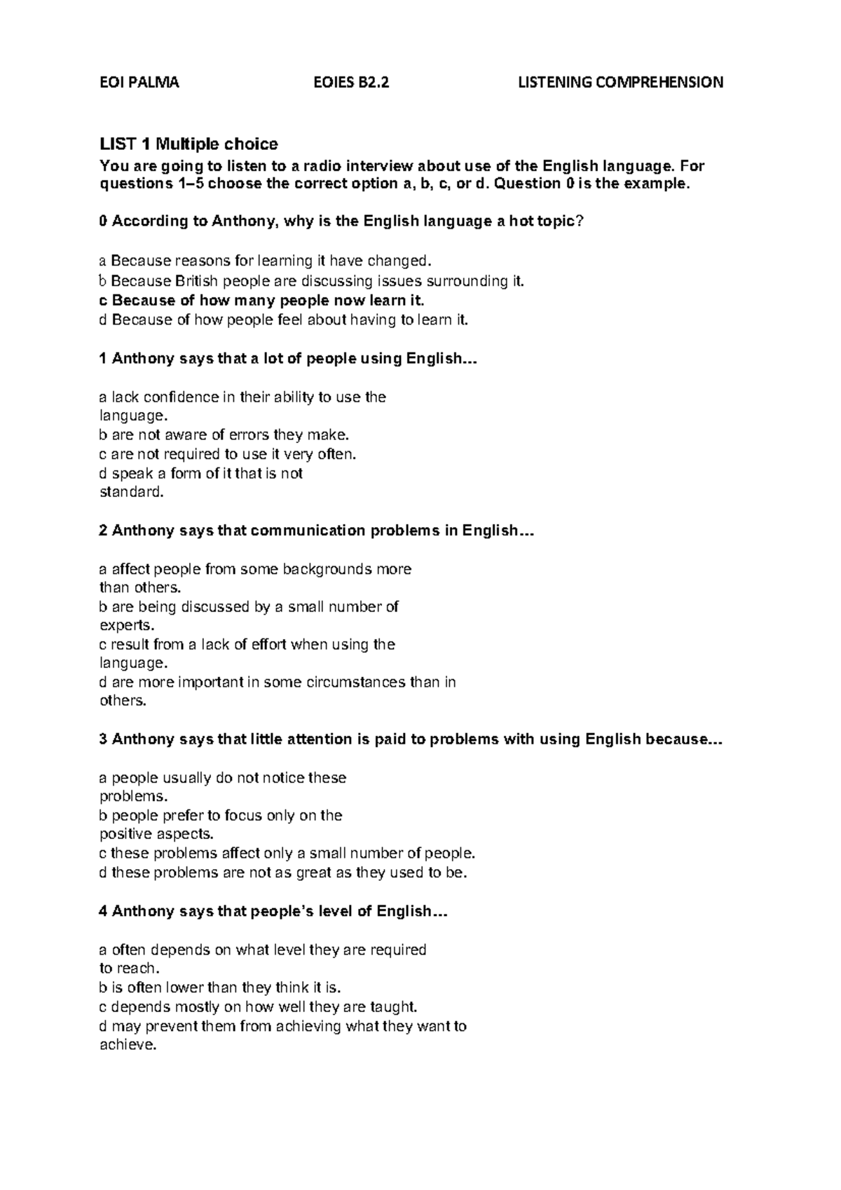 EOI PALMA EOIES B2.2 Listening Comprehension Task 02 - Studocu