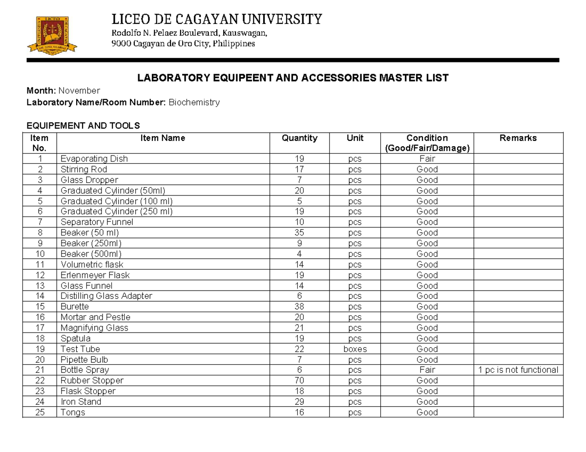Laboratory Equipment and Accessories Master List - November - Studocu