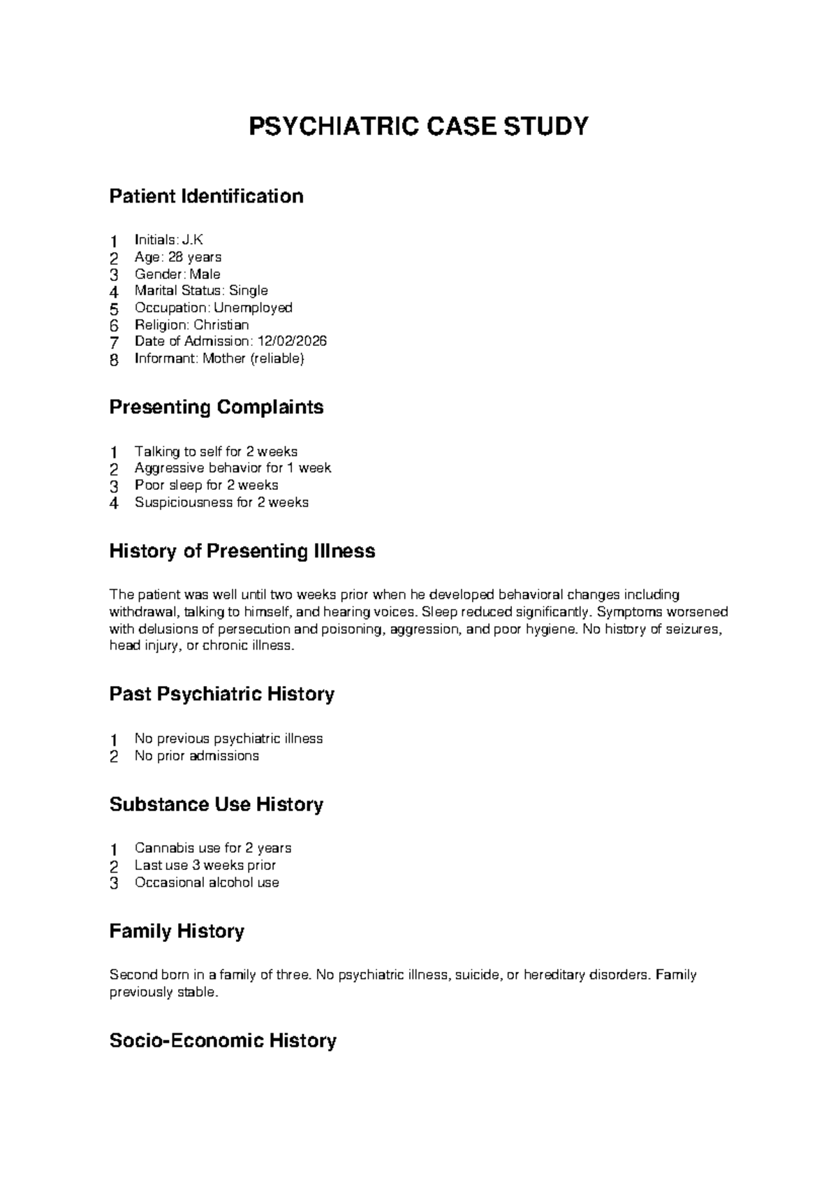 PSY 101: Full Psychiatric Case Study on Schizophrenia - Studocu