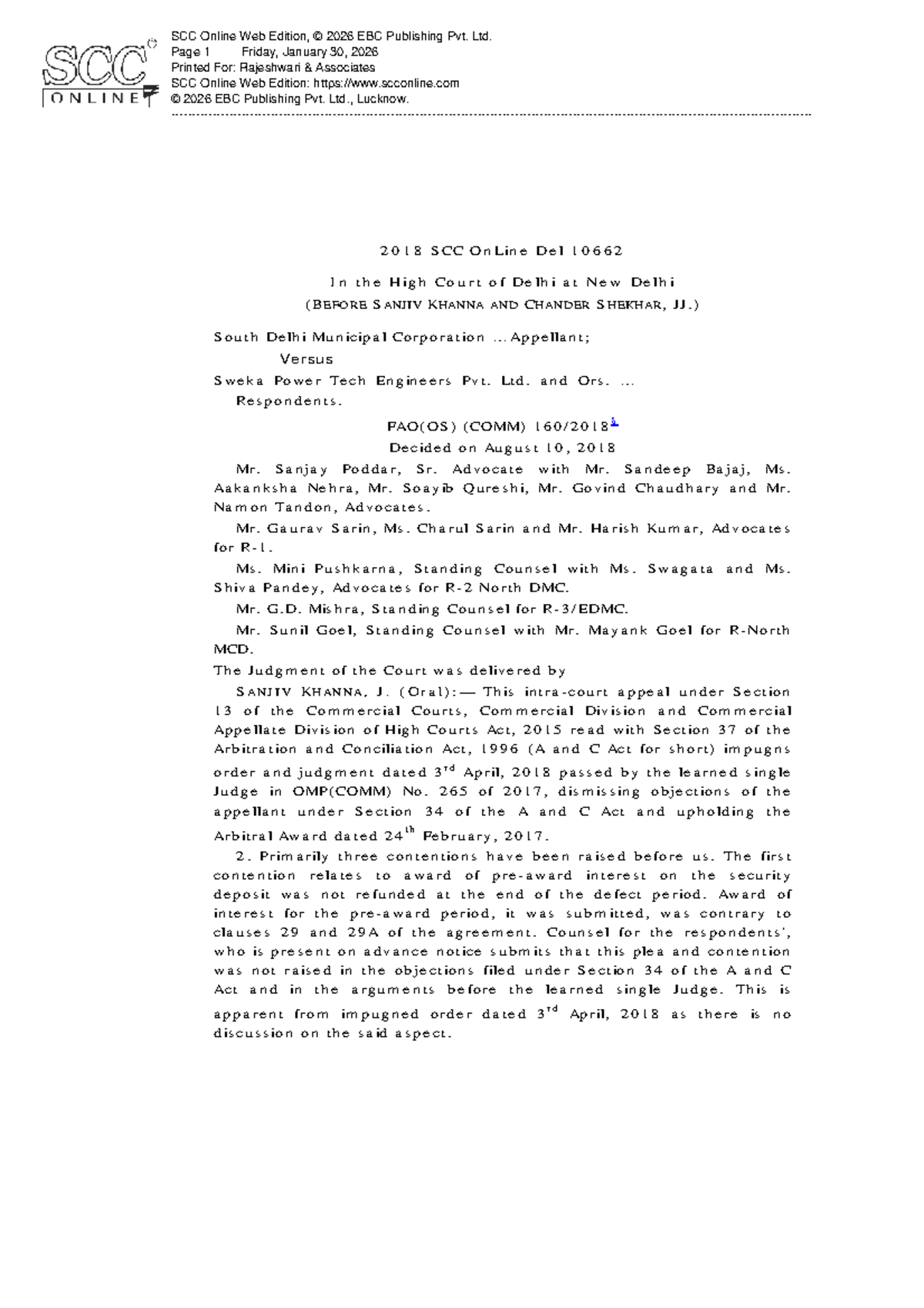 SCC Online Case Study: Municipal Corp v. Sweka Power Tech (FAO(OS) COMM ...