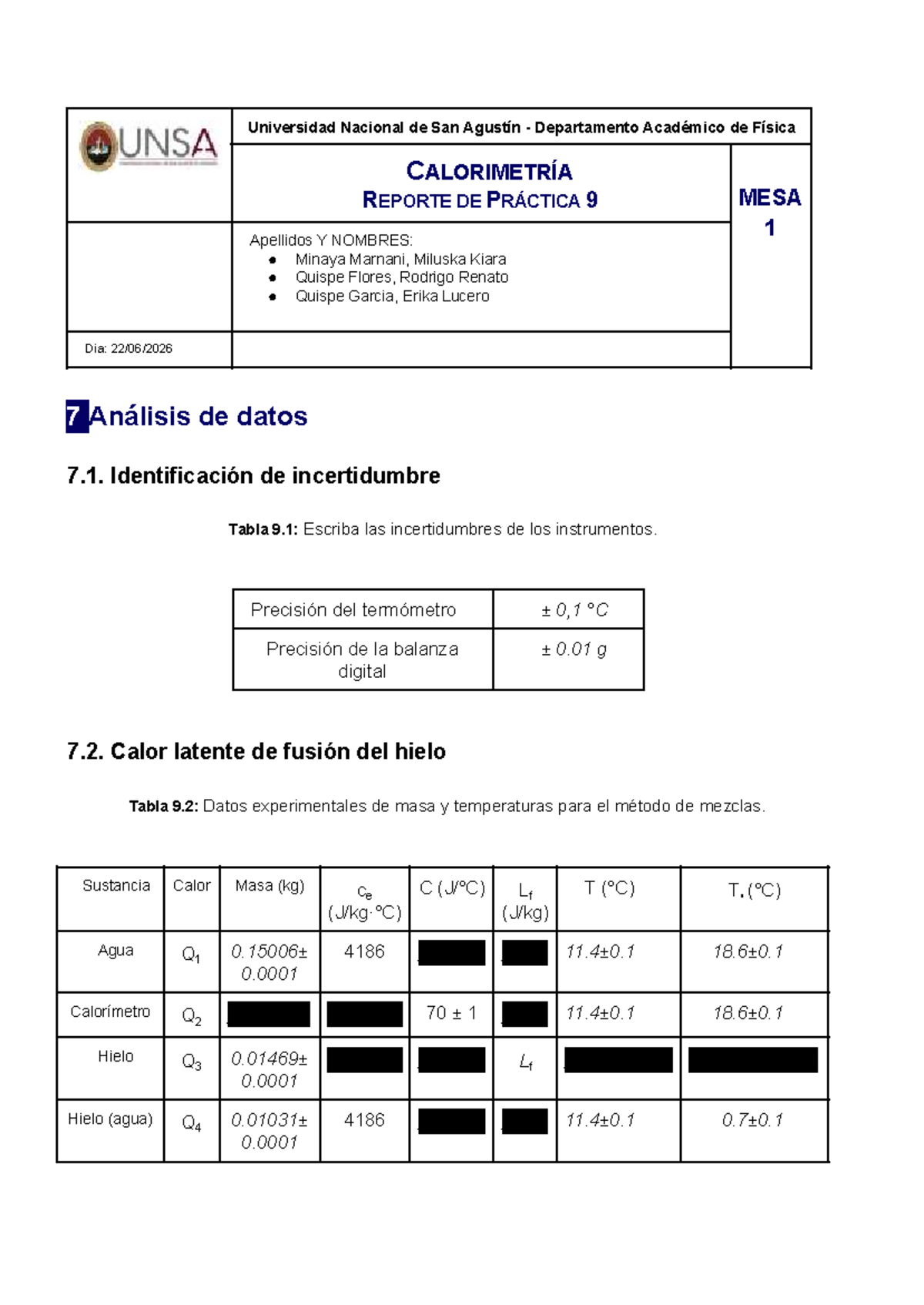 LGF-009 Calorimetría: Reporte de Práctica 9 - Análisis de Datos - Document Preview