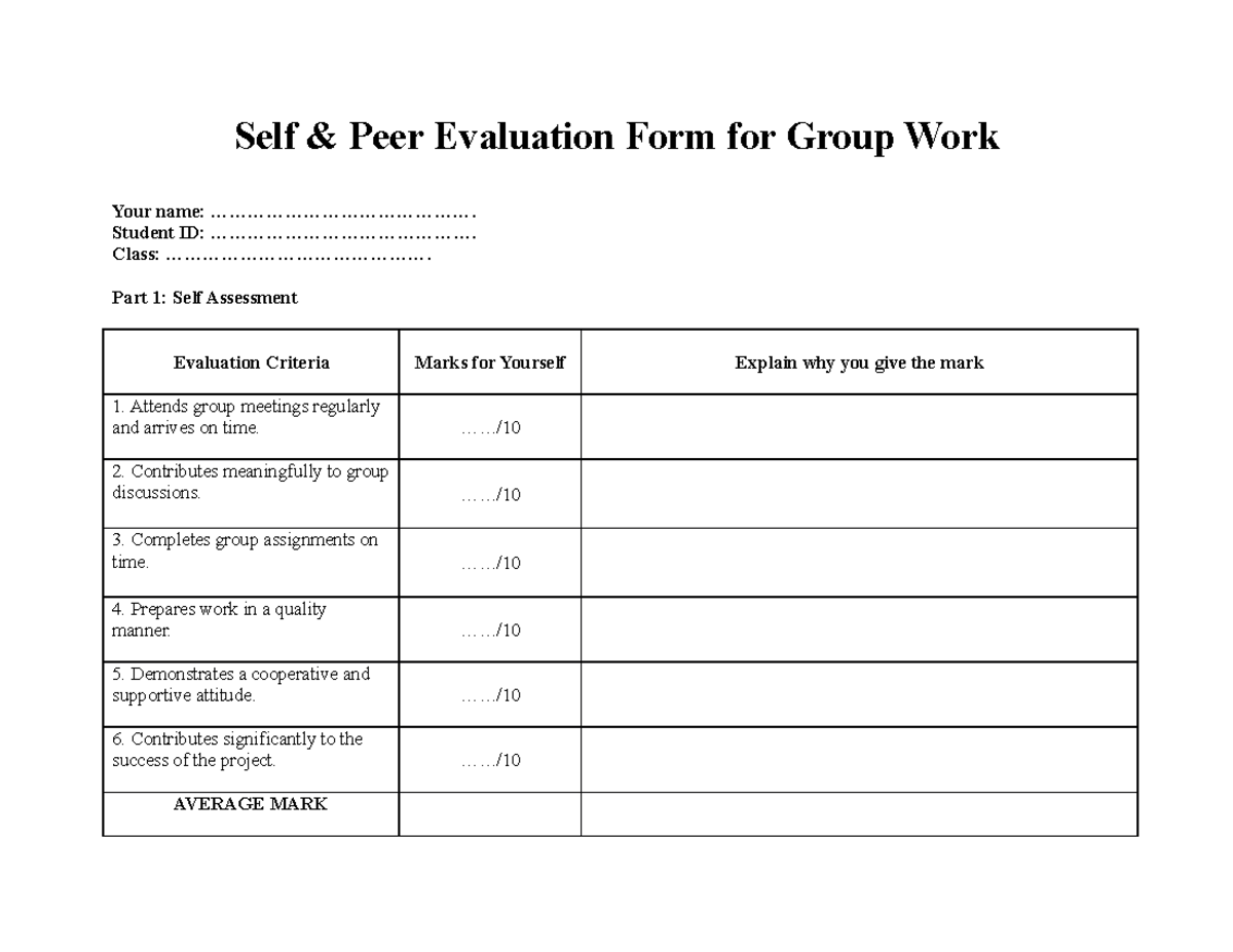 Self Peer Group Assessment Form - Self & Peer Evaluation Form for Group ...