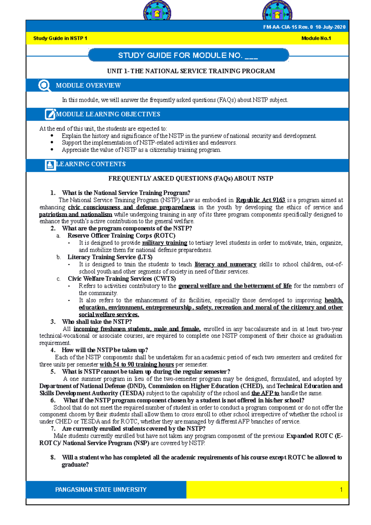 NSTP 1 Study Guide: Frequently Asked Questions Explored - Studocu