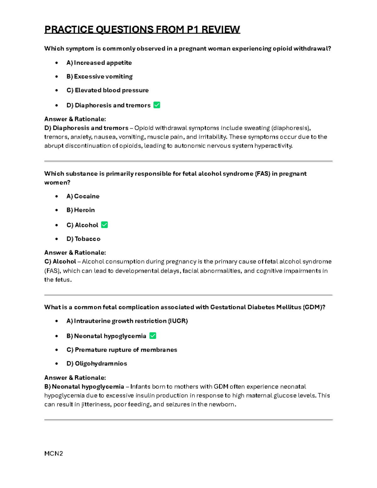 MCN2 PRACTICE QUESTIONS FOR P1 REVIEW: KEY CONCEPTS AND INTERVENTIONS ...