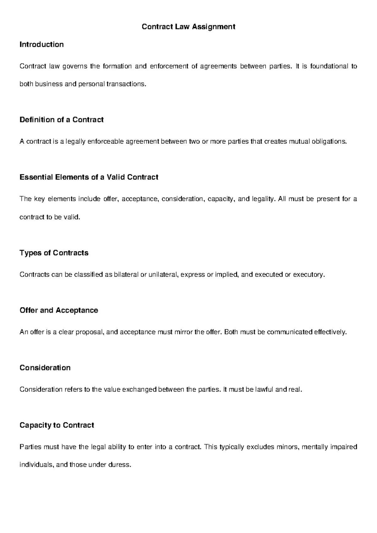Contract Law Assignment: Key Concepts and Essential Elements - Studocu