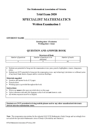 Specialist Mathematics VCE Exam 2 - Past Paper 2020 - Studocu