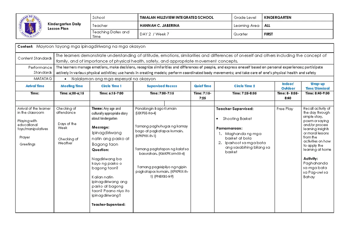 WEEK 1 - Kinder Activities Booklet: Lesson Plans & Seatwork - Studocu