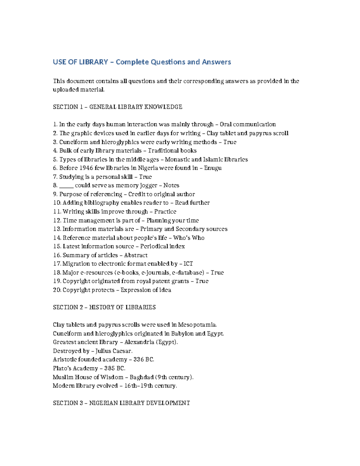 Library Knowledge: Complete Q&A for Study and Reference - Studocu