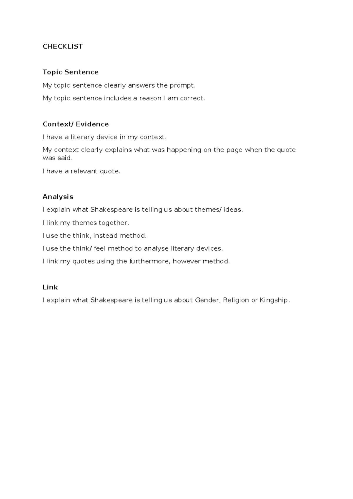 Checklist for Analyzing Shakespeare: Themes & Literary Devices - RFDS ...