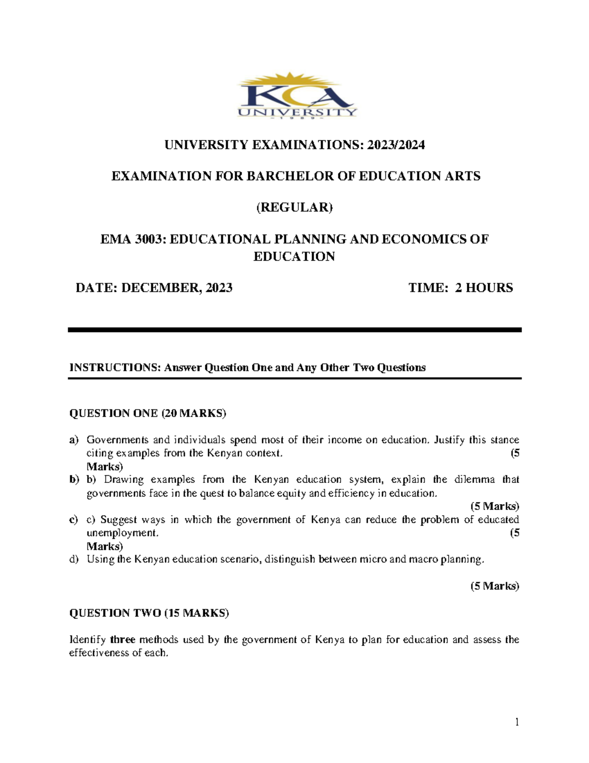EMA 3003: Economic Planning in Education - Exam Questions & Analysis ...
