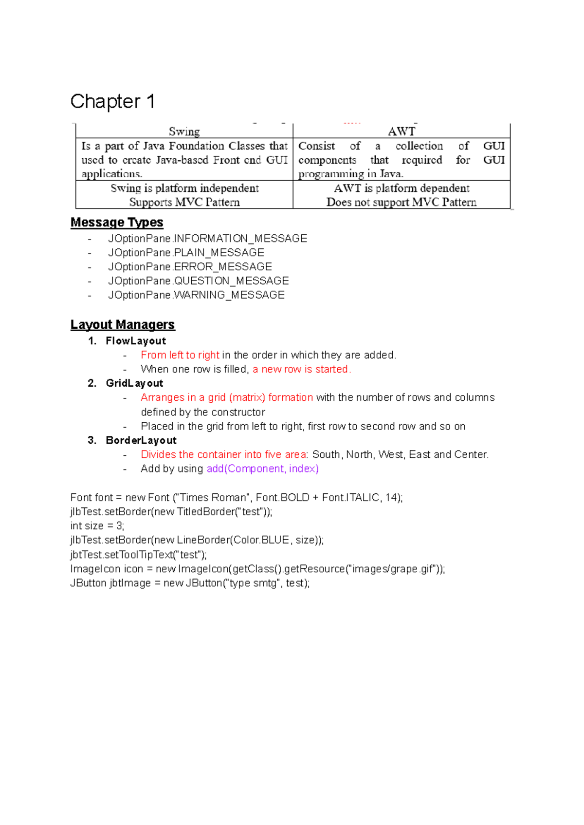 GUI Revision Notes - Message Types JOptionPane_MESSAGE JOptionPane ...