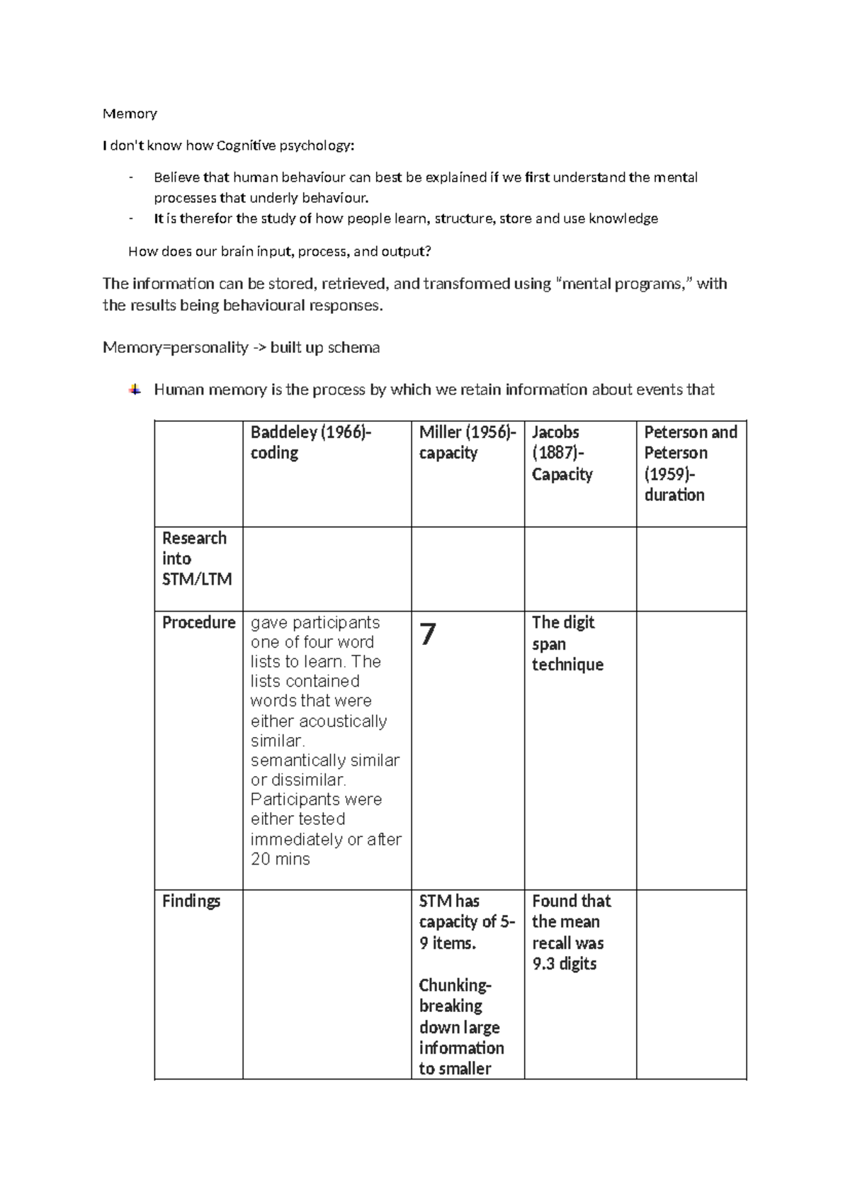 as level psych notes - Memory I don't know how Cognitive psychology ...