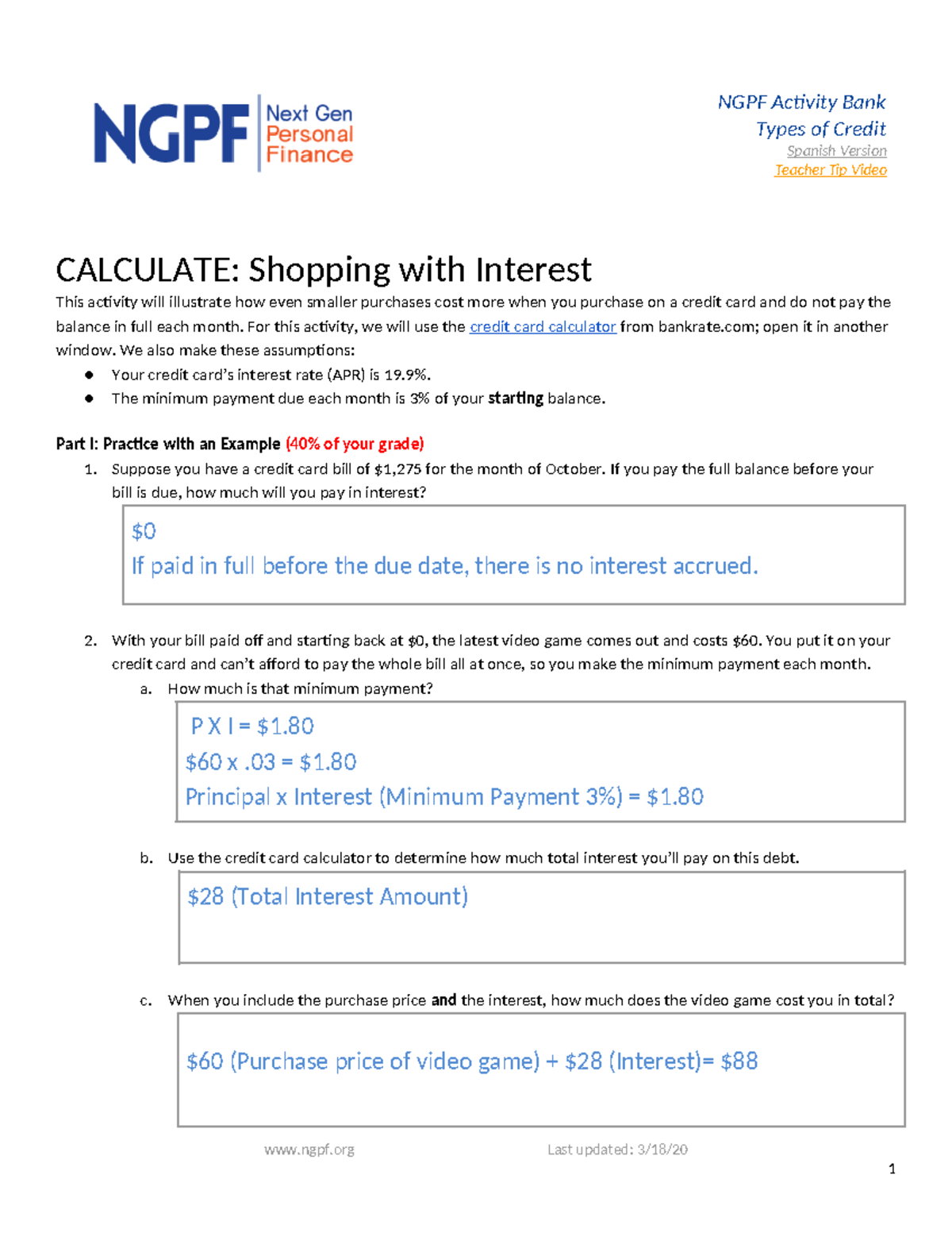 With Examples Calculate Shopping with Interest - NGPF Activity Bank Types of Credit Spanish ...