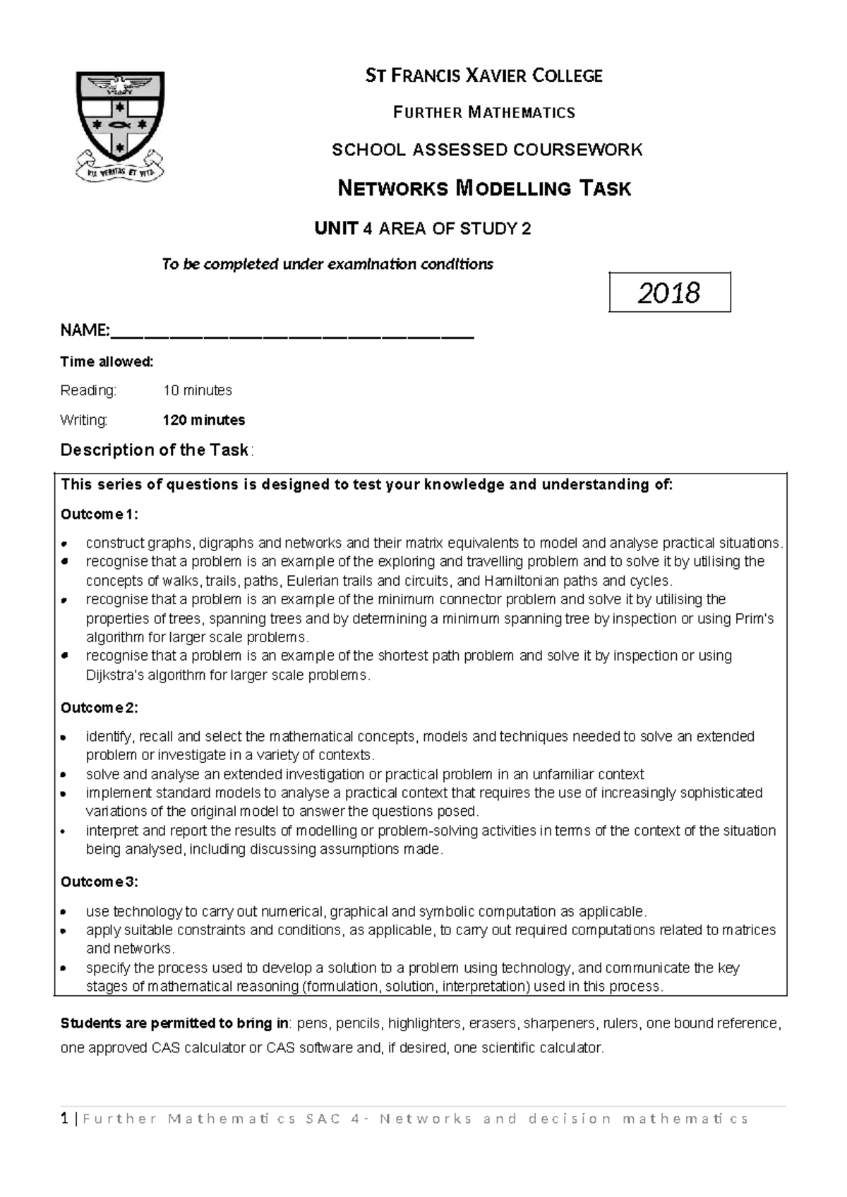2018 SFX Further Mathematics Networks SAC Assessment Task - Studocu