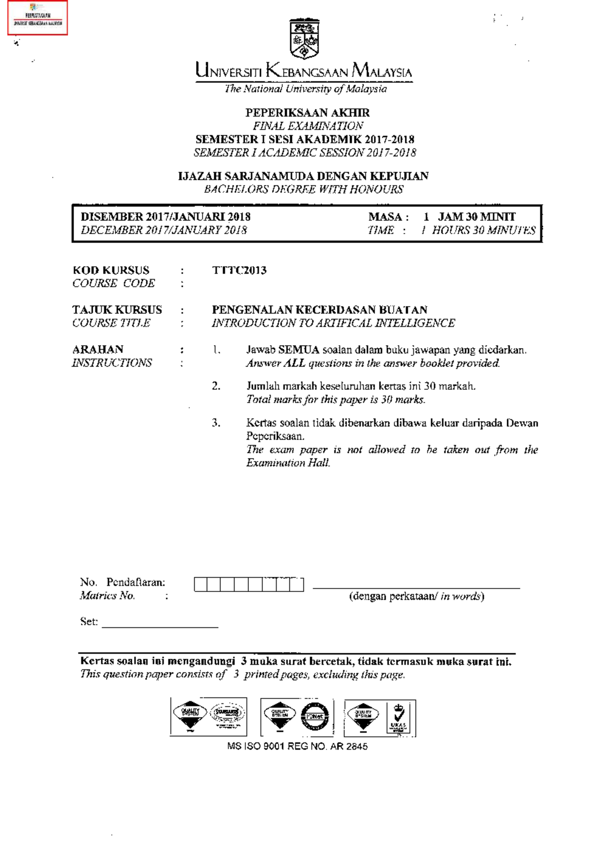 TTTC2013 (2018) - Final Exam: Introduction to AI at UKM - Studocu