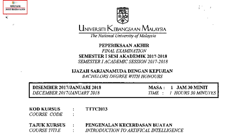 TTTC2013 (2018) - Final Exam: Introduction to AI at UKM - Studocu