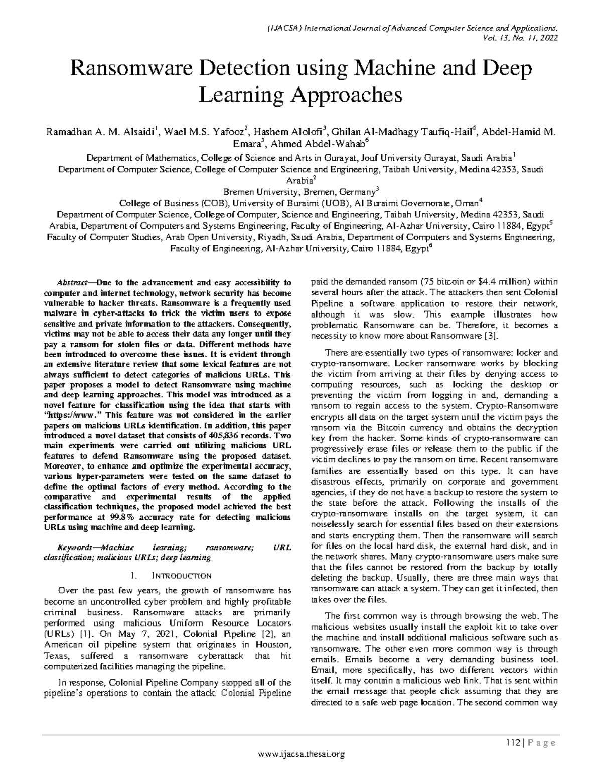 Ransomware Detection Using ML & DL Approaches (IJACSA) Vol. 13, No. 11 ...