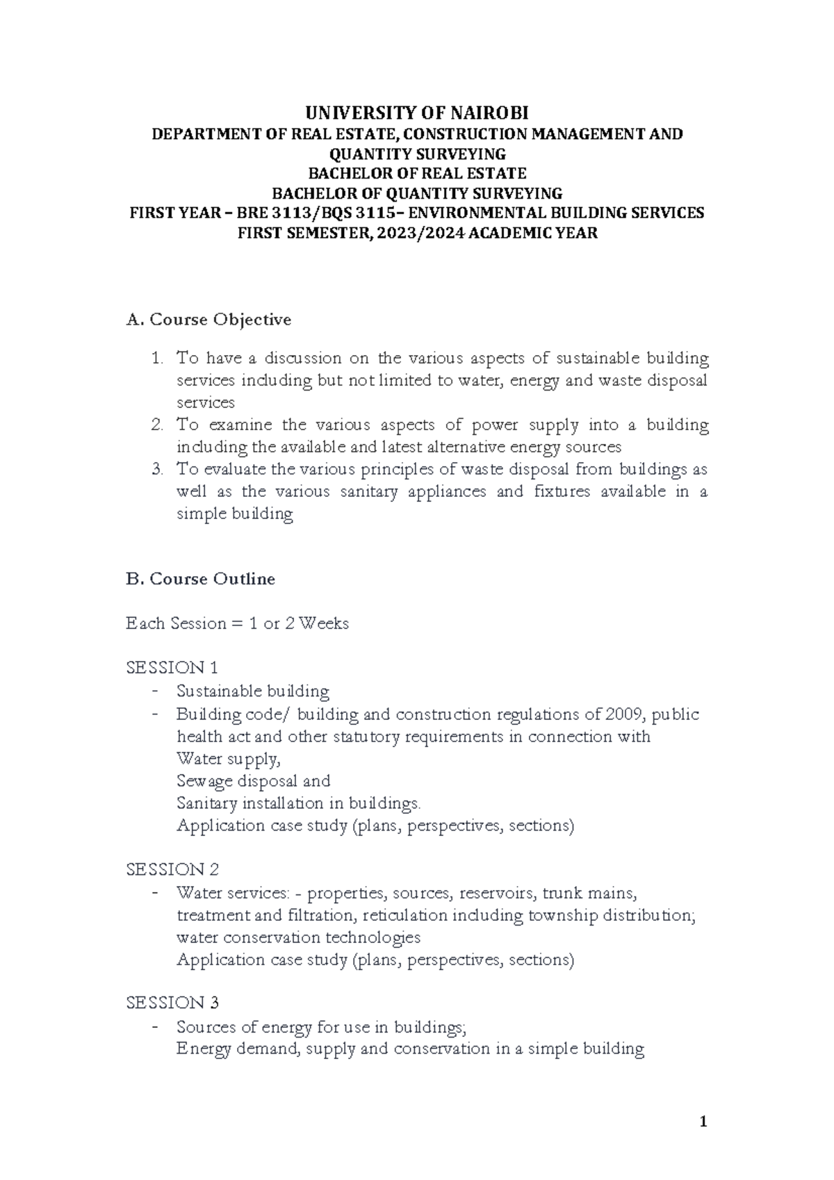 1.0 Environmental Building Services BQS 3115 - BRE 3113 Course Outline ...