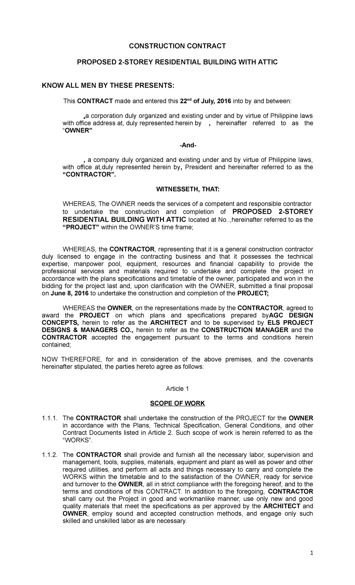 01-003-1 Construction Contract for 2-Storey Residential Building - Studocu