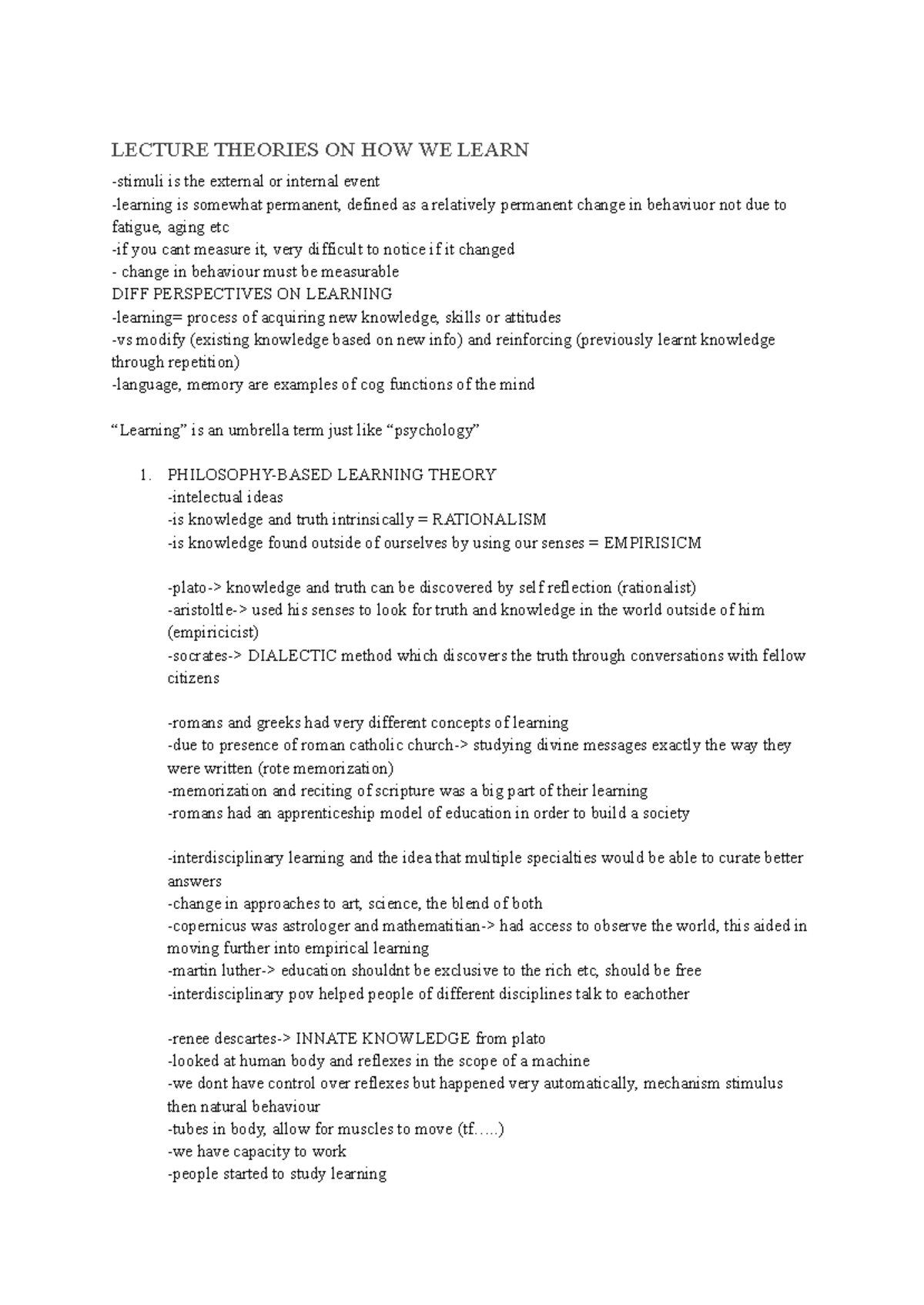 LECTURE NOTES: THEORIES OF LEARNING AND COGNITION - Studocu