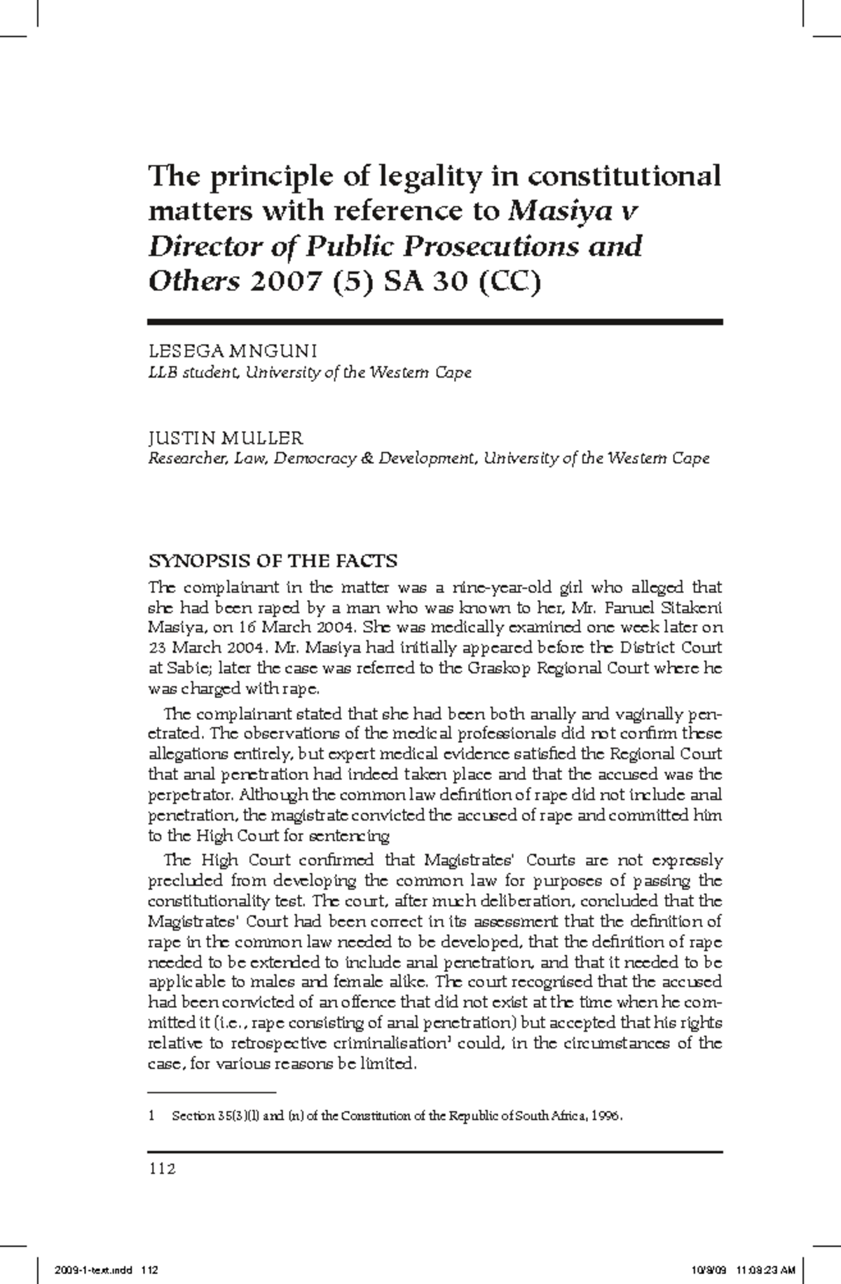 Principle of Legality Notes - 112 The principle of legality in ...