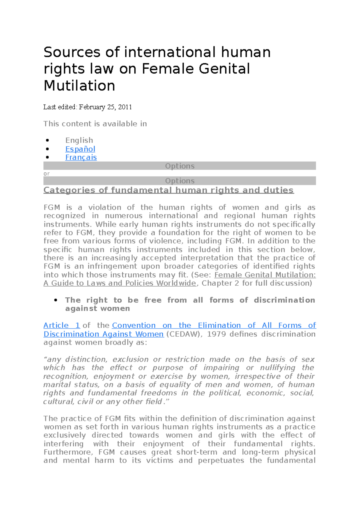 Sources of international human rights law on Female Genital Mutilation ...