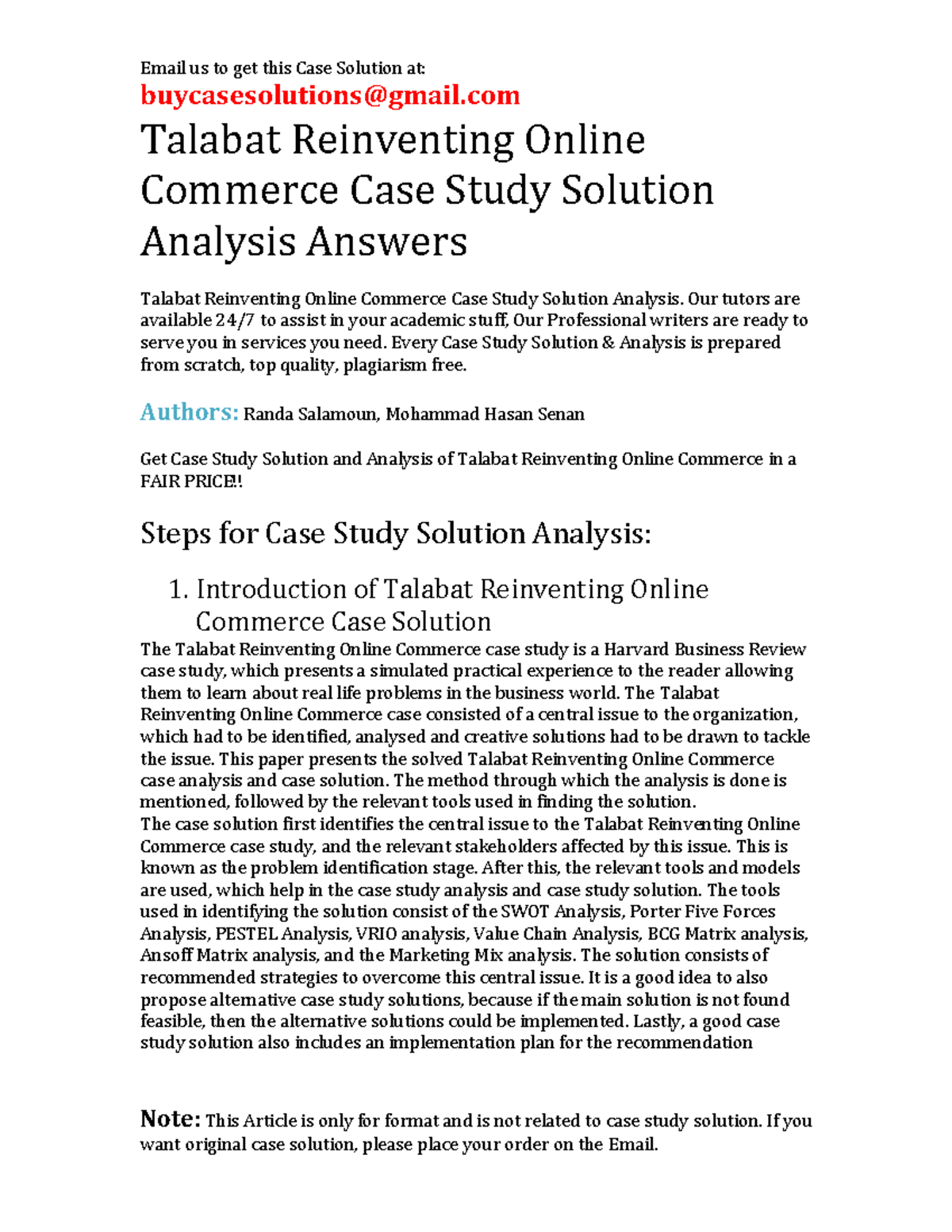 Case Solution Talabat Reinventing Online Commerce - buycasesolutions ...