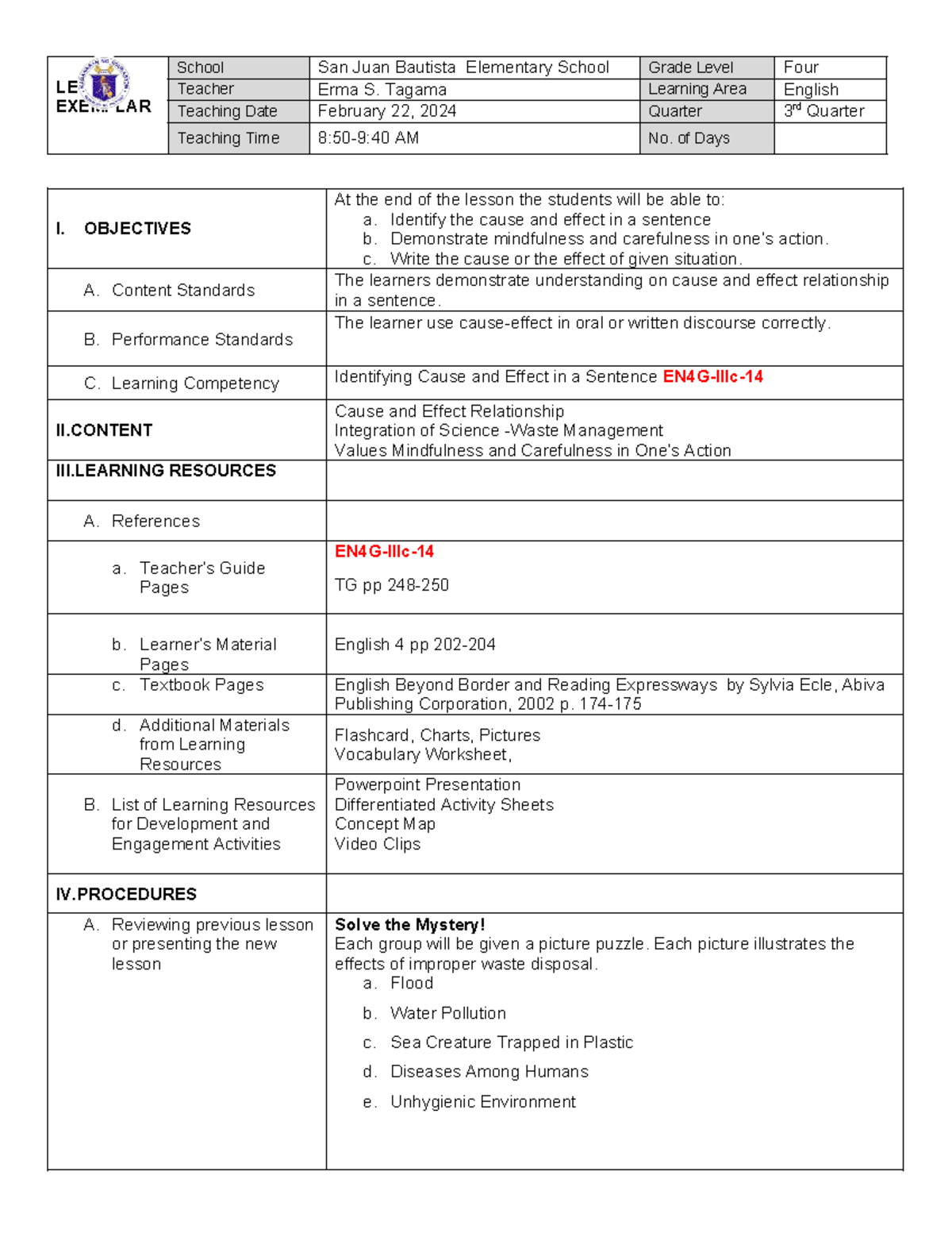 COT 3 Cause and Effect - Lesson Plan for Grade 4 English - Studocu