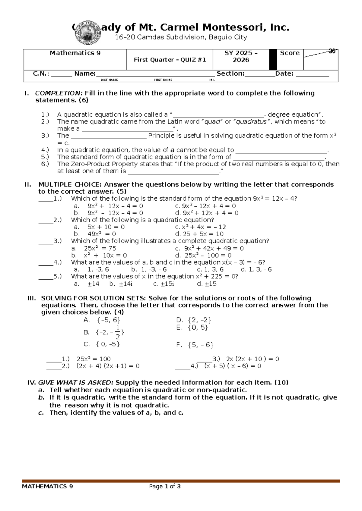 Math 9 SY 2025-2026 First Quarter Quiz on Quadratic Equations - Studocu