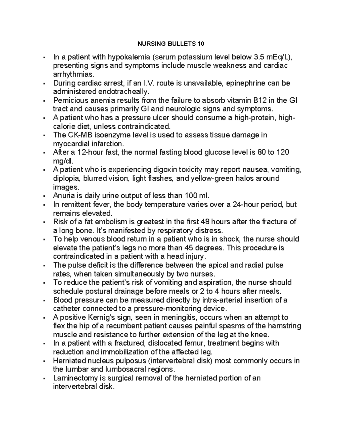 NURS 101: Nursing Bullets 10 - Key Clinical Concepts and Interventions ...