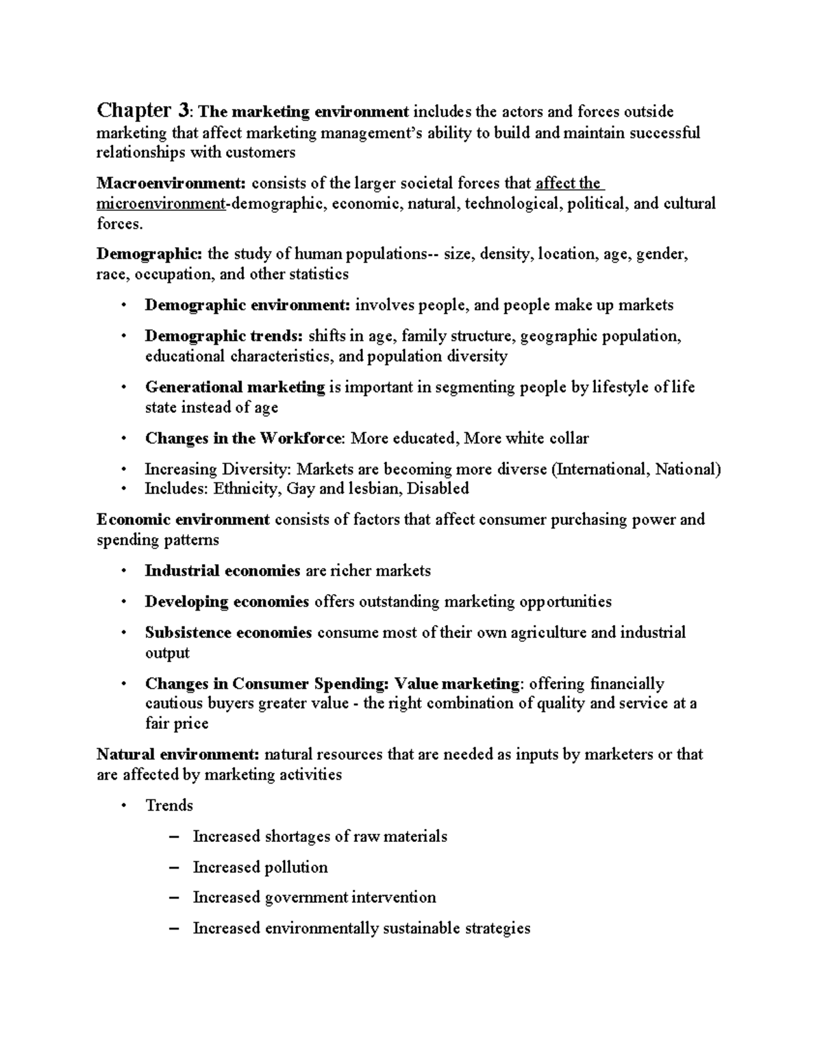 Note MKT - Chapter 3: The marketing environment includes the actors and ...